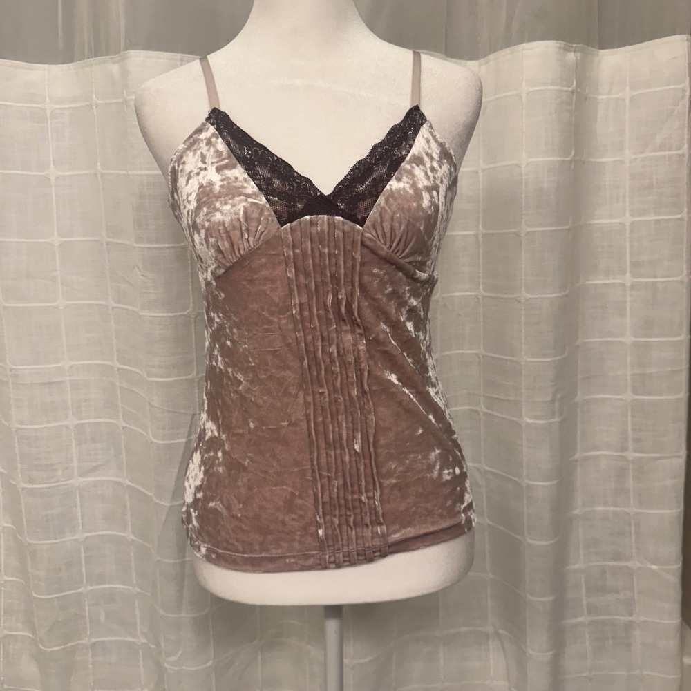 MNG Baby Pink Crushed Velvet Lace Trim Pintuck Cami Tank Top Small